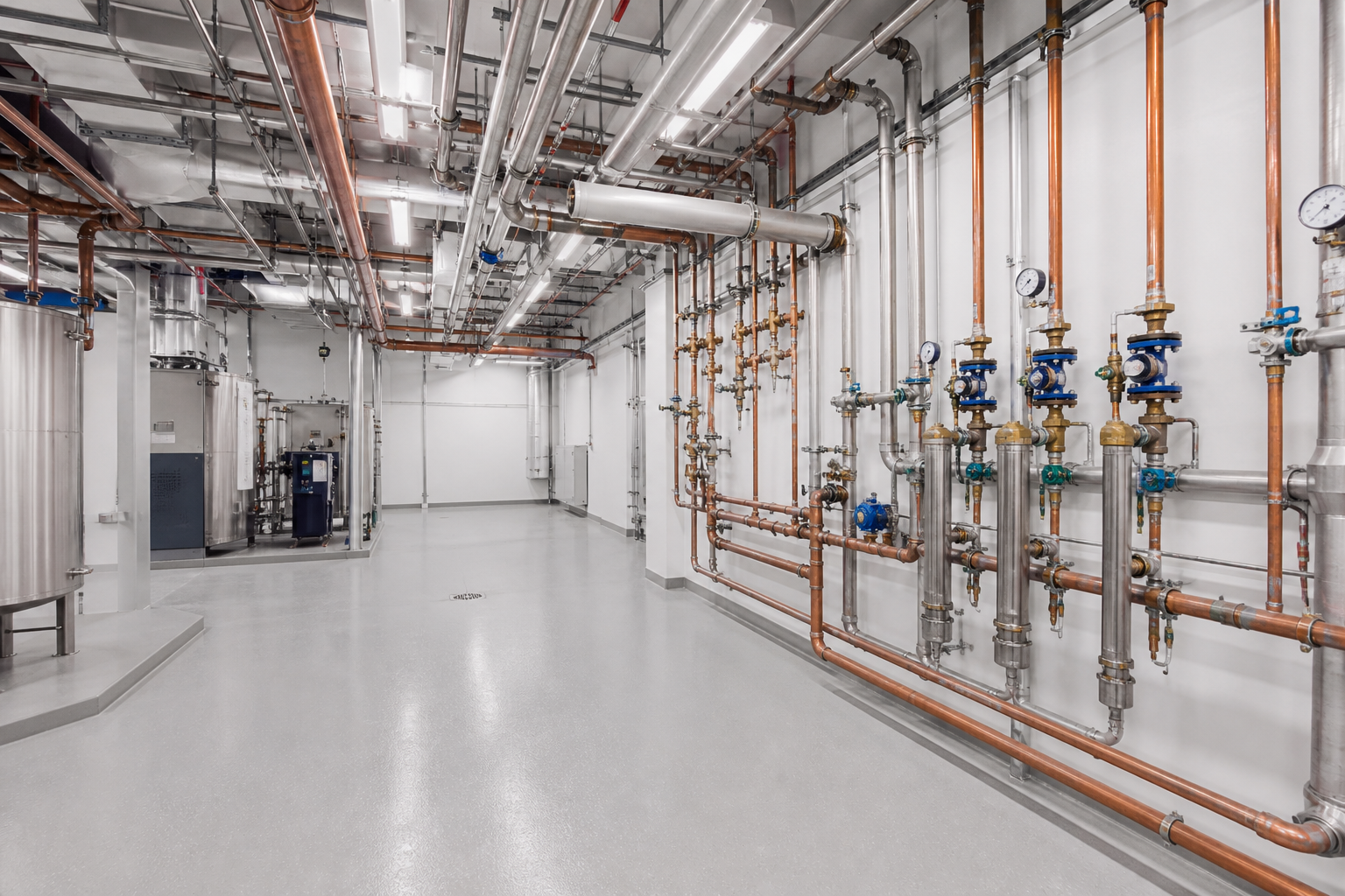 Pristine representative commercial mechanical room with organized piping